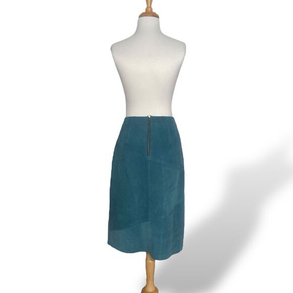 Anthropologie Leifsdottir Women Suede Leather Knee Length Skirt Teal Size 10 - Picture 5 of 14